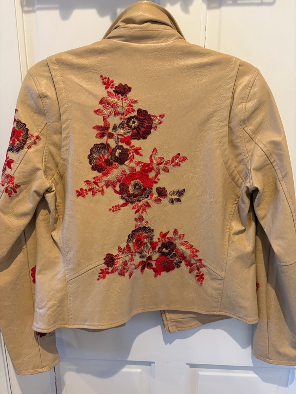 Blank Nyc Beige Leather Moto Jacket With Red Floral Embroidery View 2